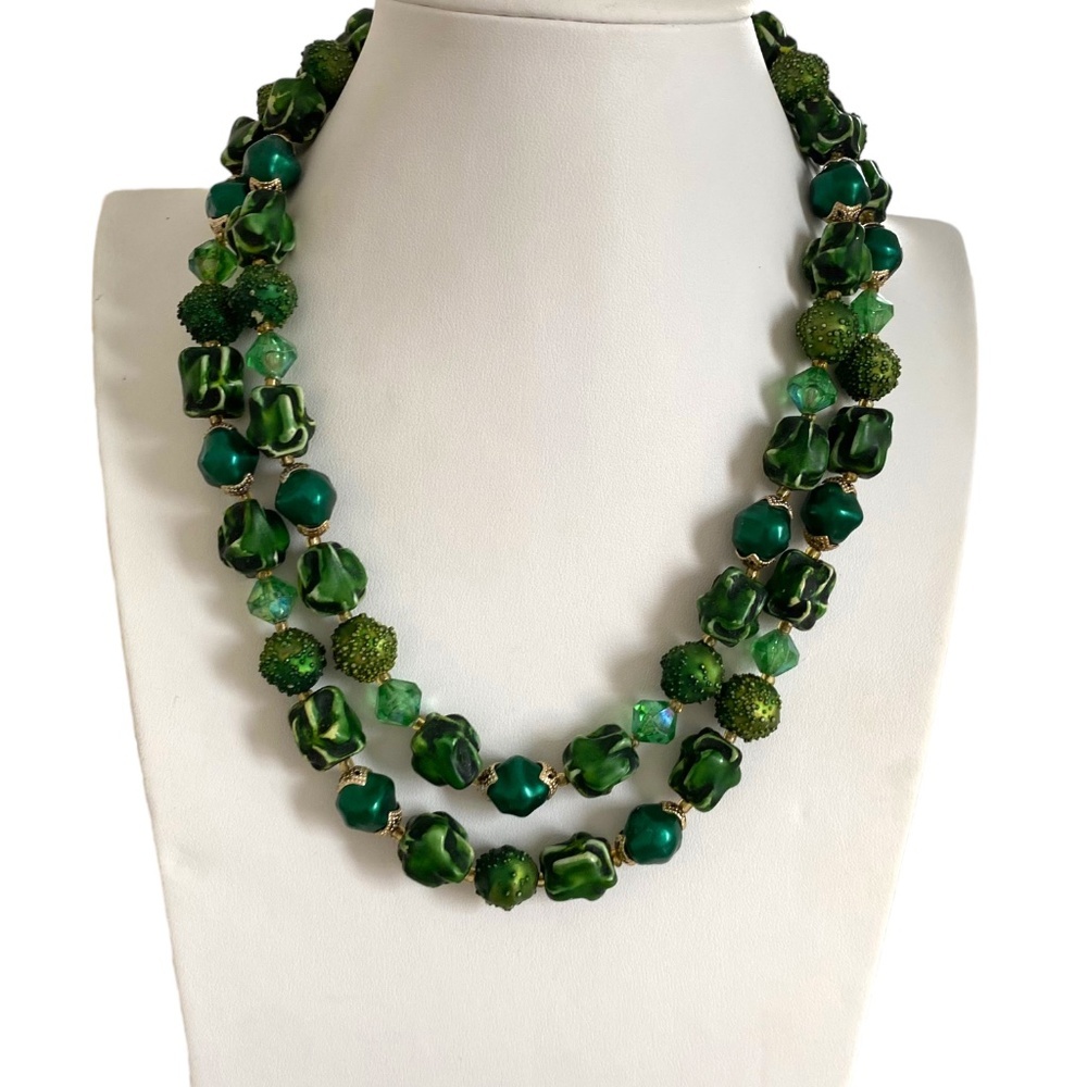 Vintage Plastic Necklace Signed Hong Kong green Faux Pearls multi strand tiered